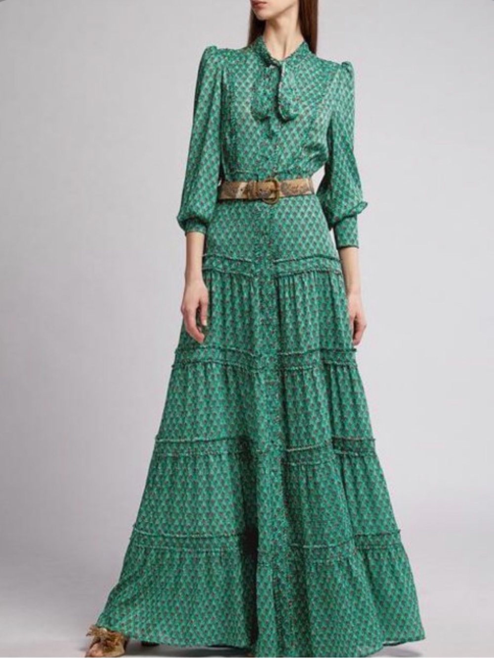 Alexis Green Printed Tiered Maxi Dress